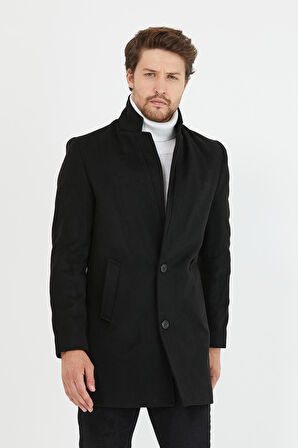 Mero Life Erkek Siyah Slim Fit Dik Yaka Yün Karışımlı Kaşe Kaban